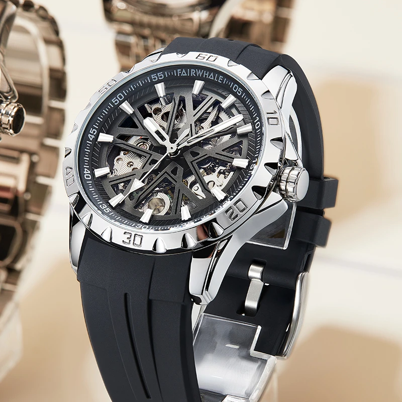 马克华菲手表男士黑盘潮流时尚高档夜光防水镂空自动机械手表6580