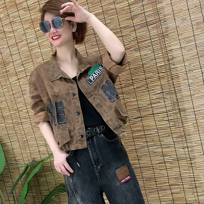 新款咖色【加绒】减龄带抽绳可调节牛仔外套  个性潮流牛仔裤