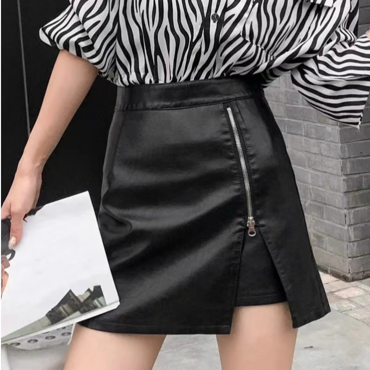 [SR]欧货黑色PU皮短裙2024秋冬款收身版气质时尚显瘦皮裙裤