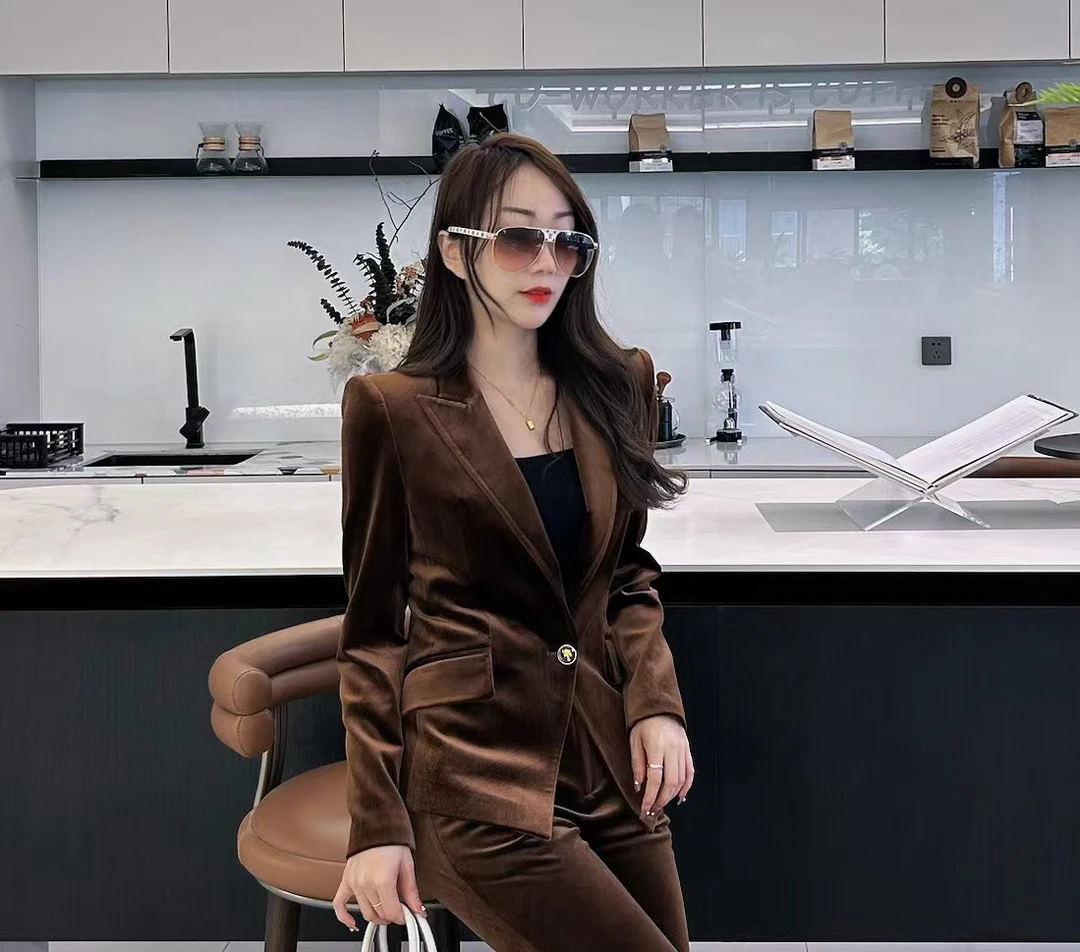 SR欧货秋冬款<咖色一粒扣金丝绒外套>收腰显瘦气质长袖外套网红