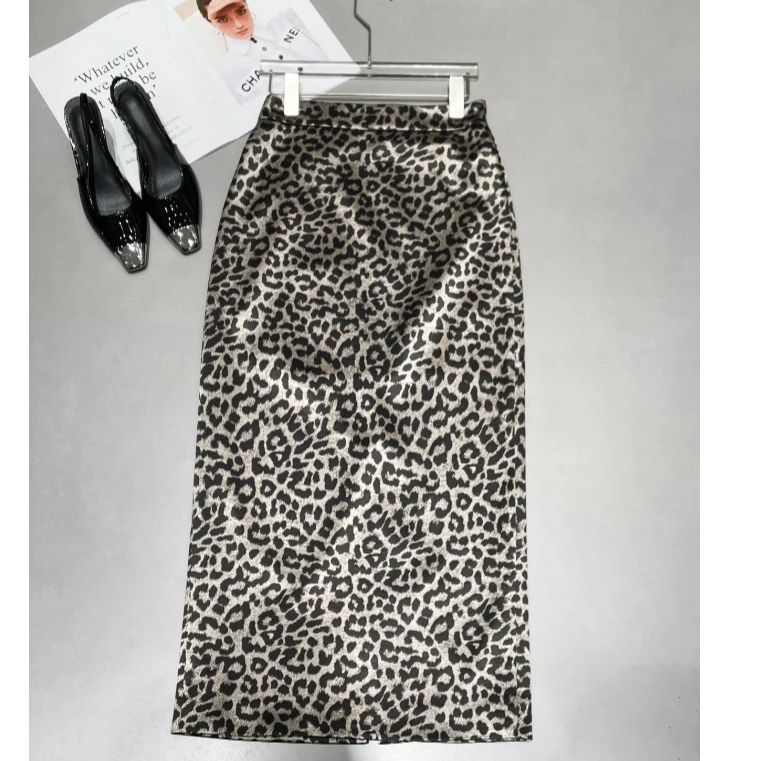 [SR]欧货后开叉豹纹半身裙中高腰包装收身显瘦一步裙时尚休闲百搭