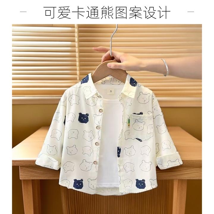 新款纯棉儿童长袖卡通薄款帅气衬衣宝宝春秋外套男童翻领休闲上衣