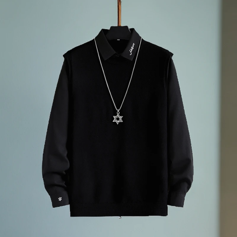 常规款/加绒 秋冬新款假两件百搭毛衣男士潮流长袖打底高档针织衫