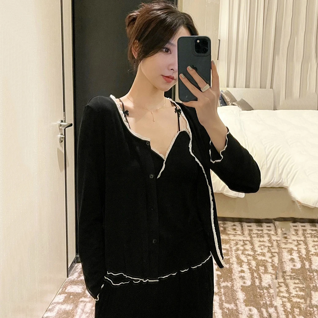 【带胸垫】三件套睡衣女春秋季纯欲设计感女家居服性感黑色气质显瘦