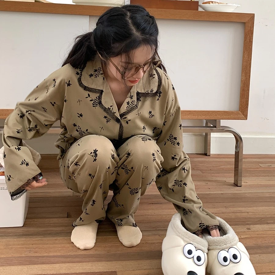 韩版ins风纯棉睡衣女春秋季甜美蕾丝碎花高级感女家居服学生套装