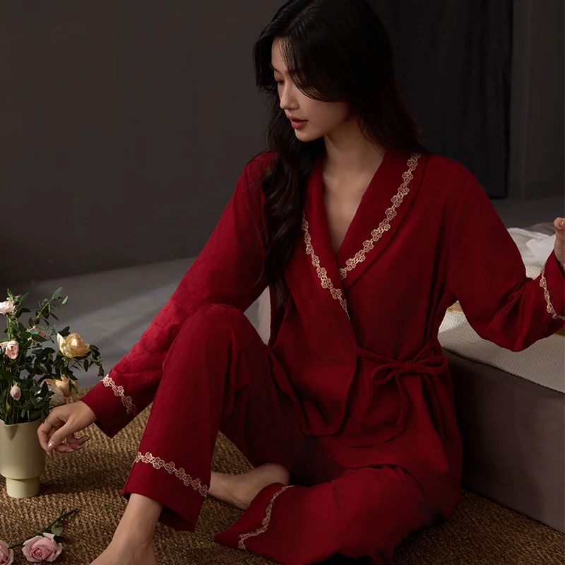 高档系带睡衣女纯棉春秋季高级感红色喜庆本命年女士家居服套装秋