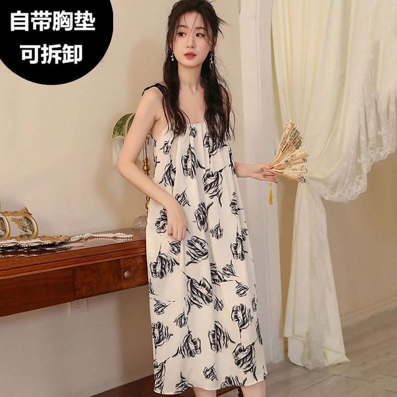 吊带睡裙女夏季纯棉带胸垫薄款性感宽松中长款连衣裙女睡衣裙夏天