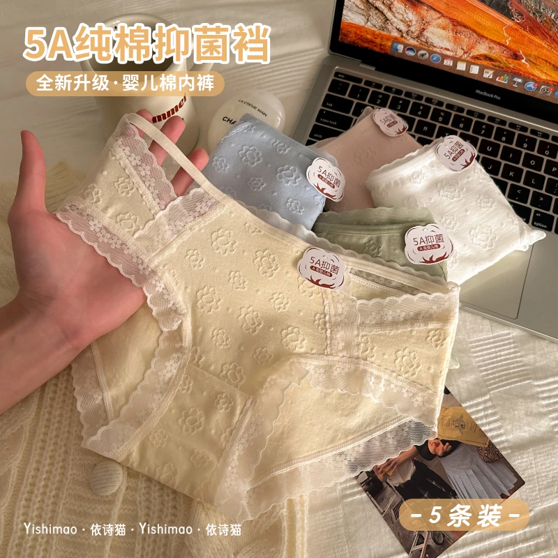 依诗猫5条盒装内裤女5A棉裆女生2025新款无痕性感蕾丝女士短裤头