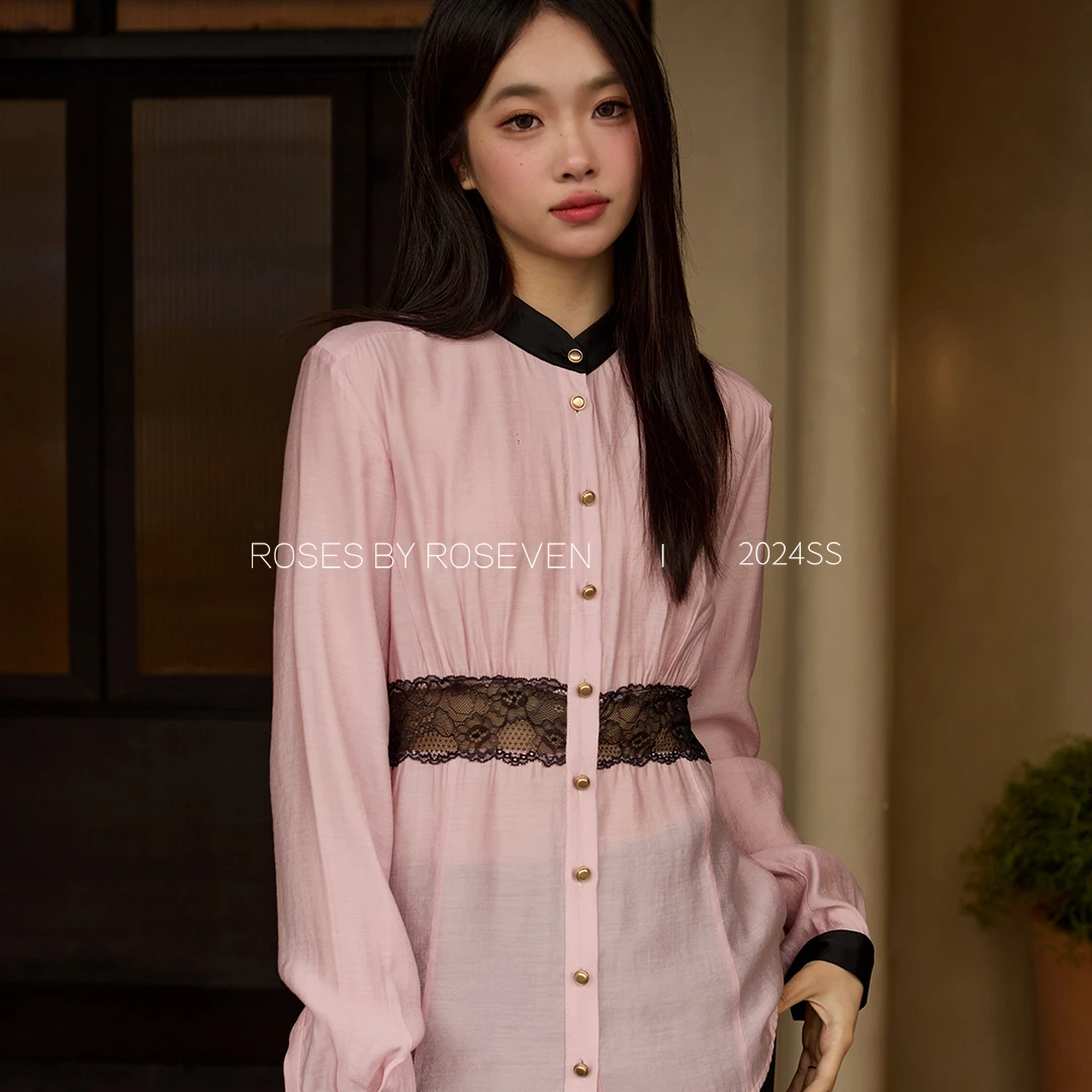 长袖衬衫女设计感蕾丝拼接复古风宽松衬衣收腰2025春夏秋冬定制