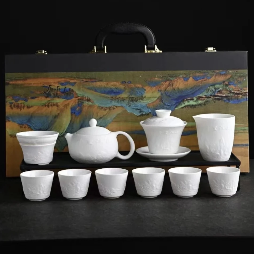 A 102羊脂玉千里江山轻奢手工创意伴手礼茶具礼盒装