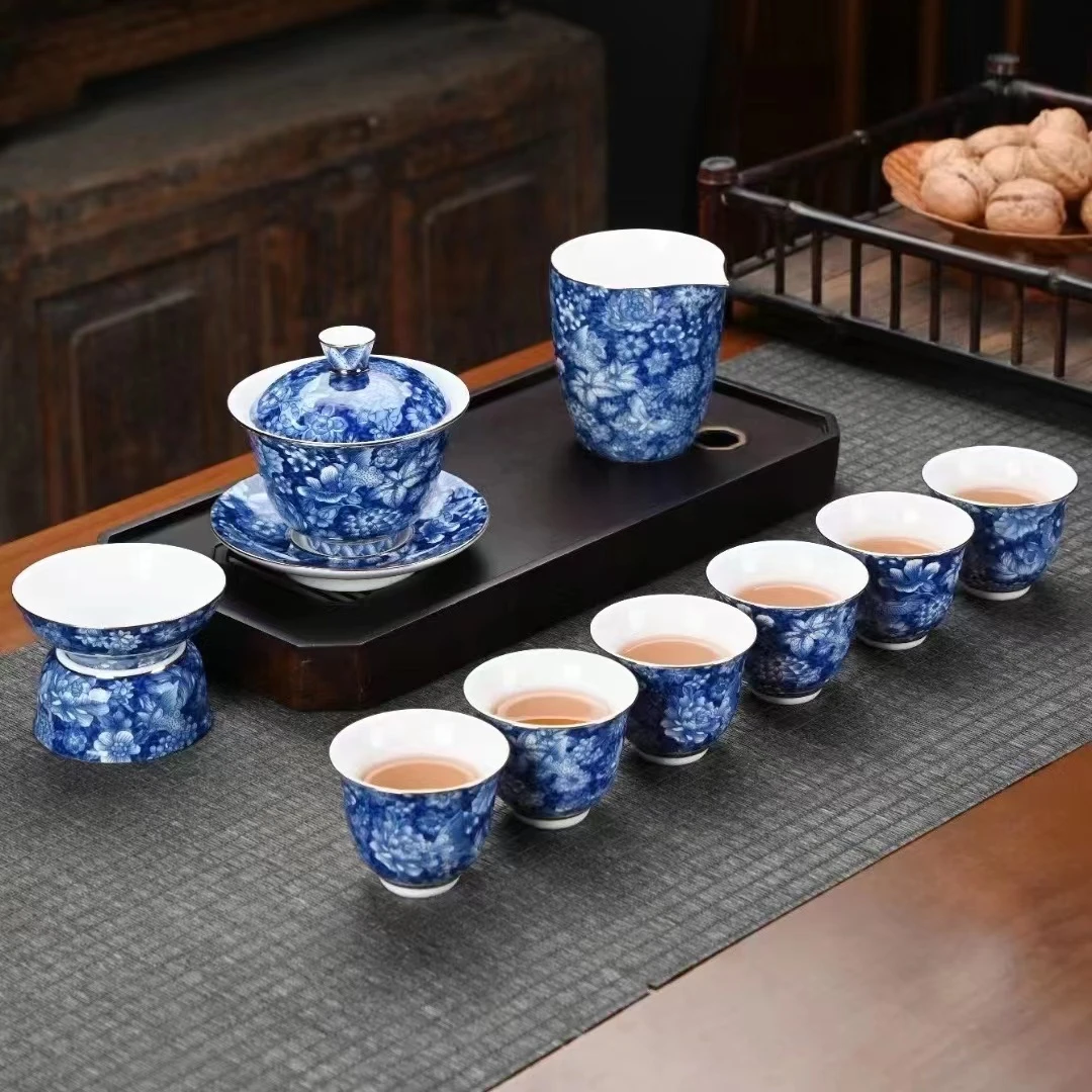 青花瓷茶具陶瓷家用缠枝瓷盖碗手工中式描金盒装珐琅彩高档