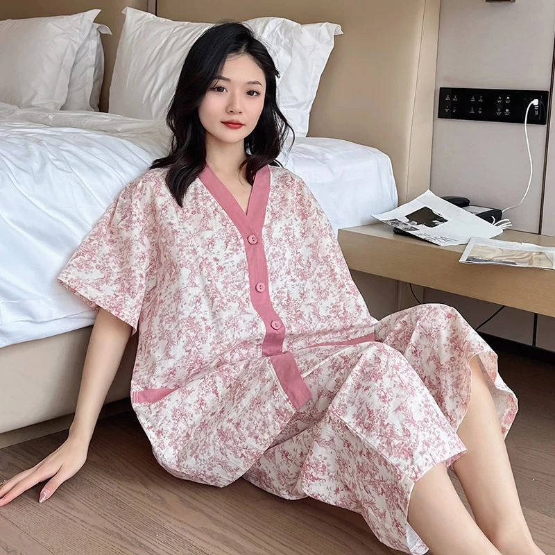 夏季大码纯棉睡衣女士薄款开衫短袖七分裤两件套卡通印花家居服