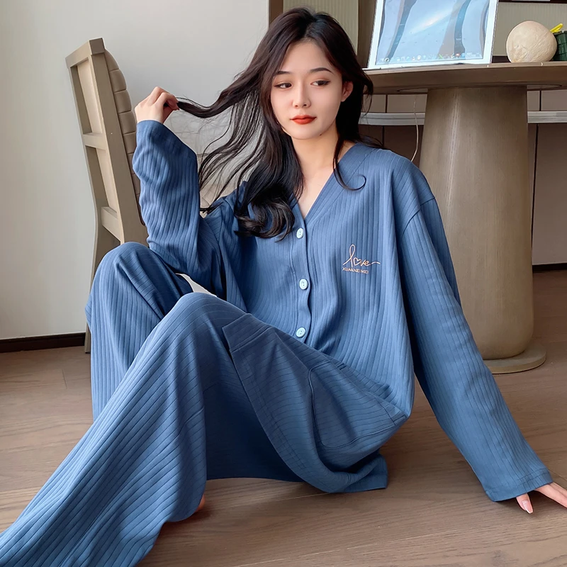 春秋女士薄款长袖睡衣大码套装卡通家居服长袖长裤两件套棉质开衫