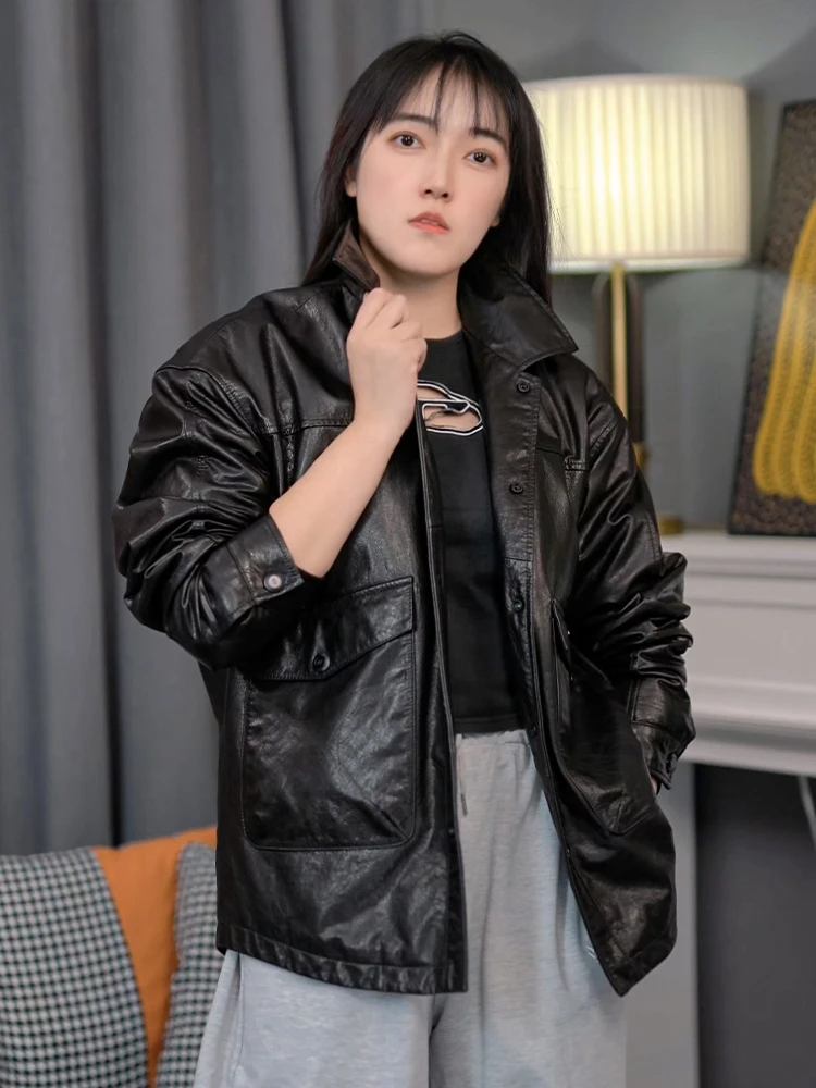 设计师款海宁头层油蜡牛皮短款夹克方领时尚桑蚕丝加厚真皮外套男