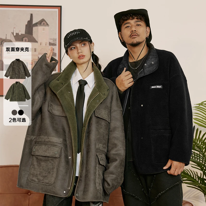 N-MAX流情侣宽松男士防羊羔绒百搭加厚秋冬休闲男双面穿外套男士