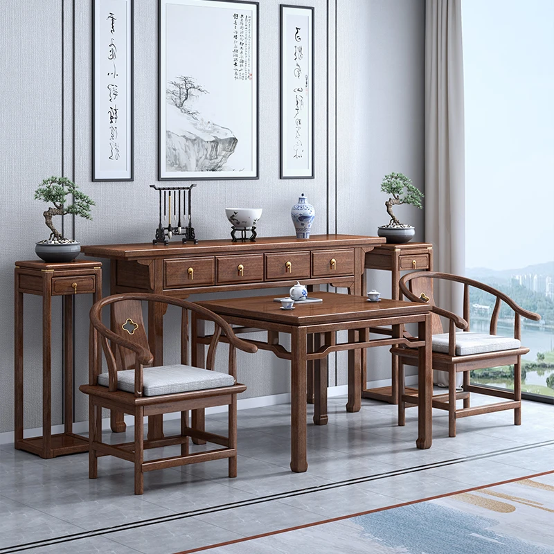 新中式实木中堂六件套条案农村胡桃木供桌八仙桌条几案台  220150