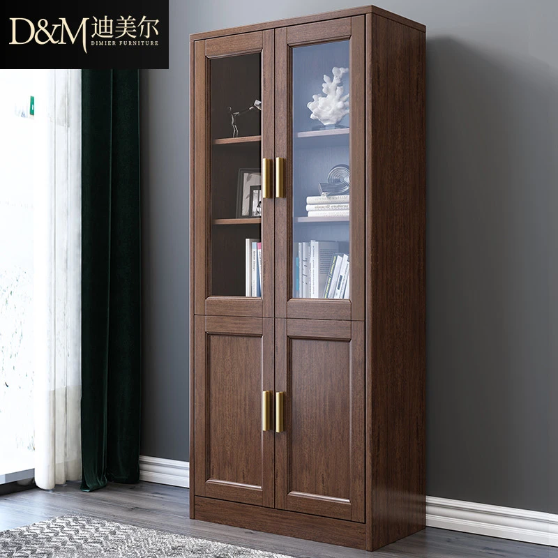 新中式实木书柜胡桃木现代简约玻璃门书柜5门2门带书房储物柜M169