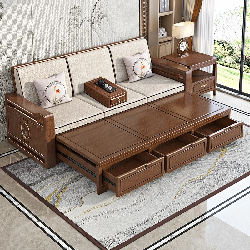 新中式胡桃木沙发客厅实木冬夏两用拉床储物贵妃木沙发M240102