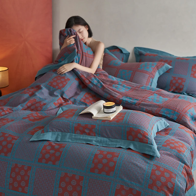 全棉双层纱四件套a类母婴级纯棉床单被套加厚复古提花轻奢床品