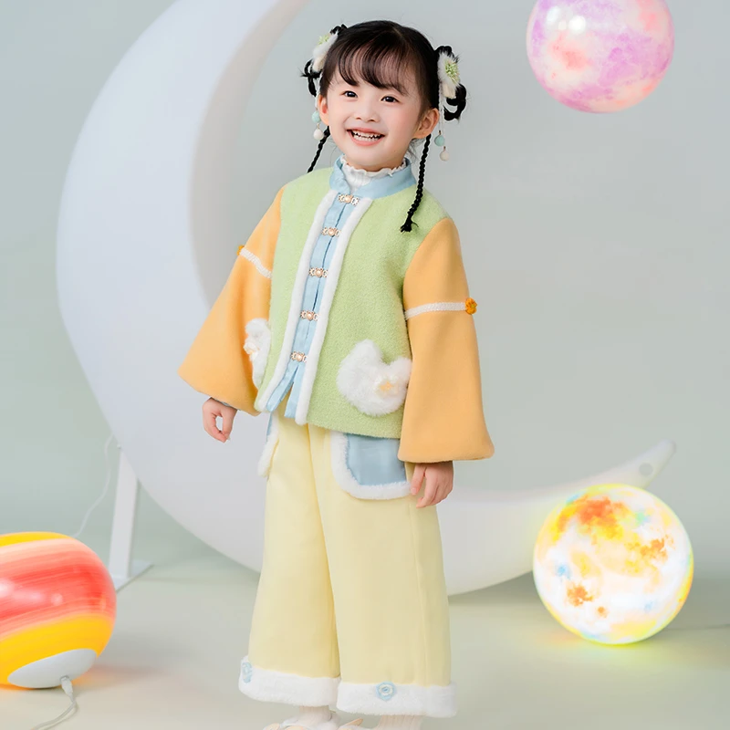 西子问汉服女童【皓月】冬季儿童加厚加绒童装改良套装