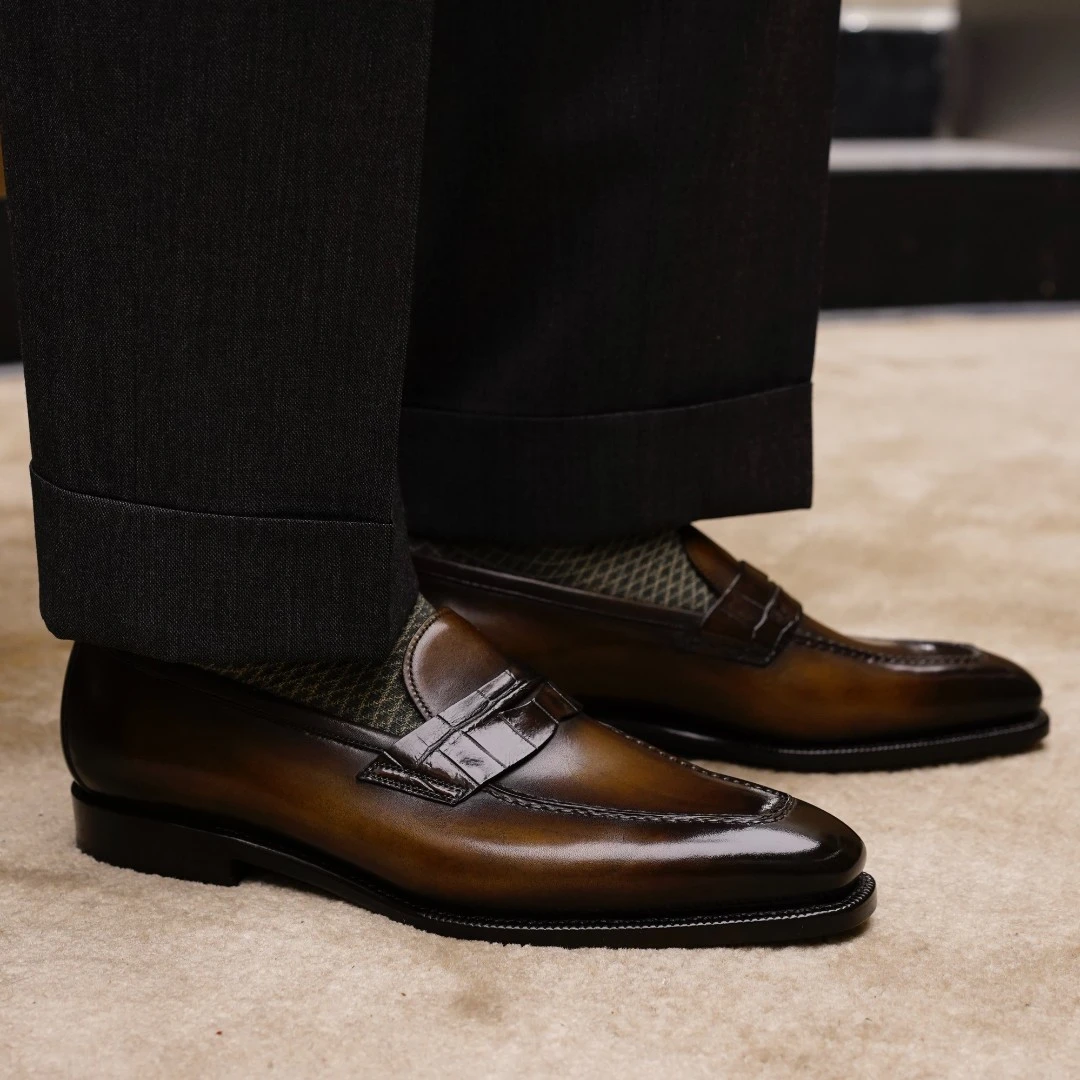 SLIMSHOES时另拼接商务休闲春夏男士便士乐福鞋棕色皮鞋