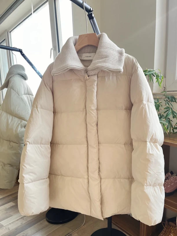 411121 女士大码冬季新款针织拼接法式中长款嘎嘎绒外套保暖服