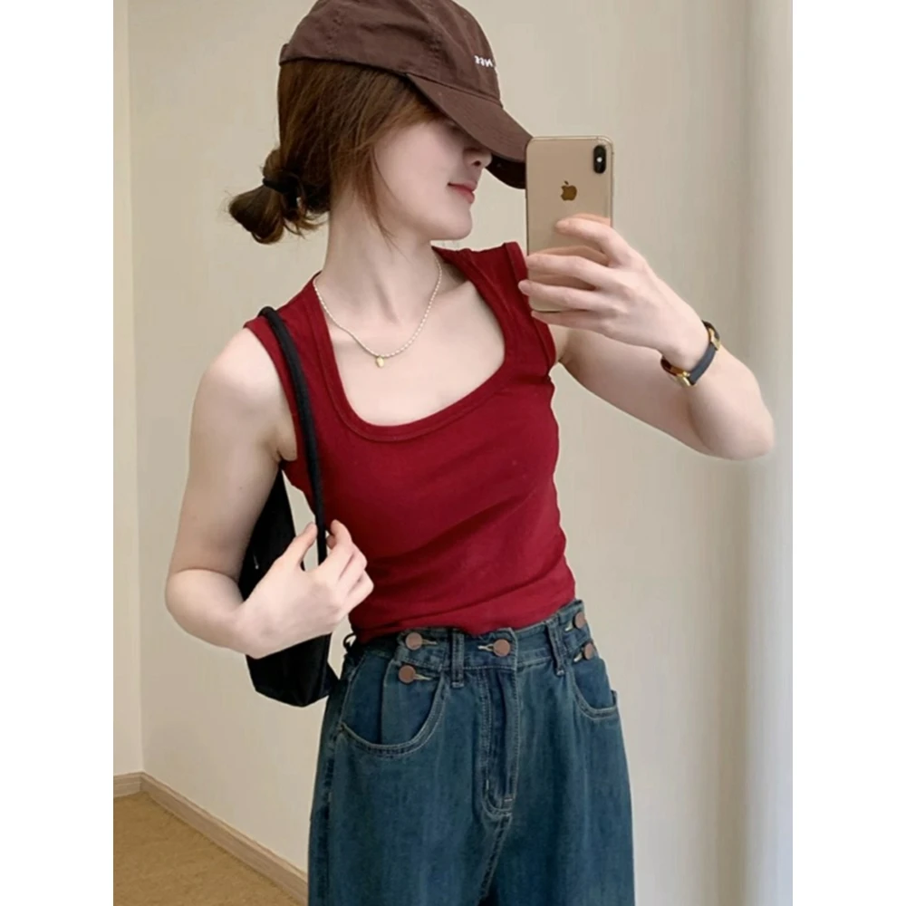 夏季遮副乳方领吊带背心女辣妹显瘦内搭打底修身外穿无袖别致上衣
