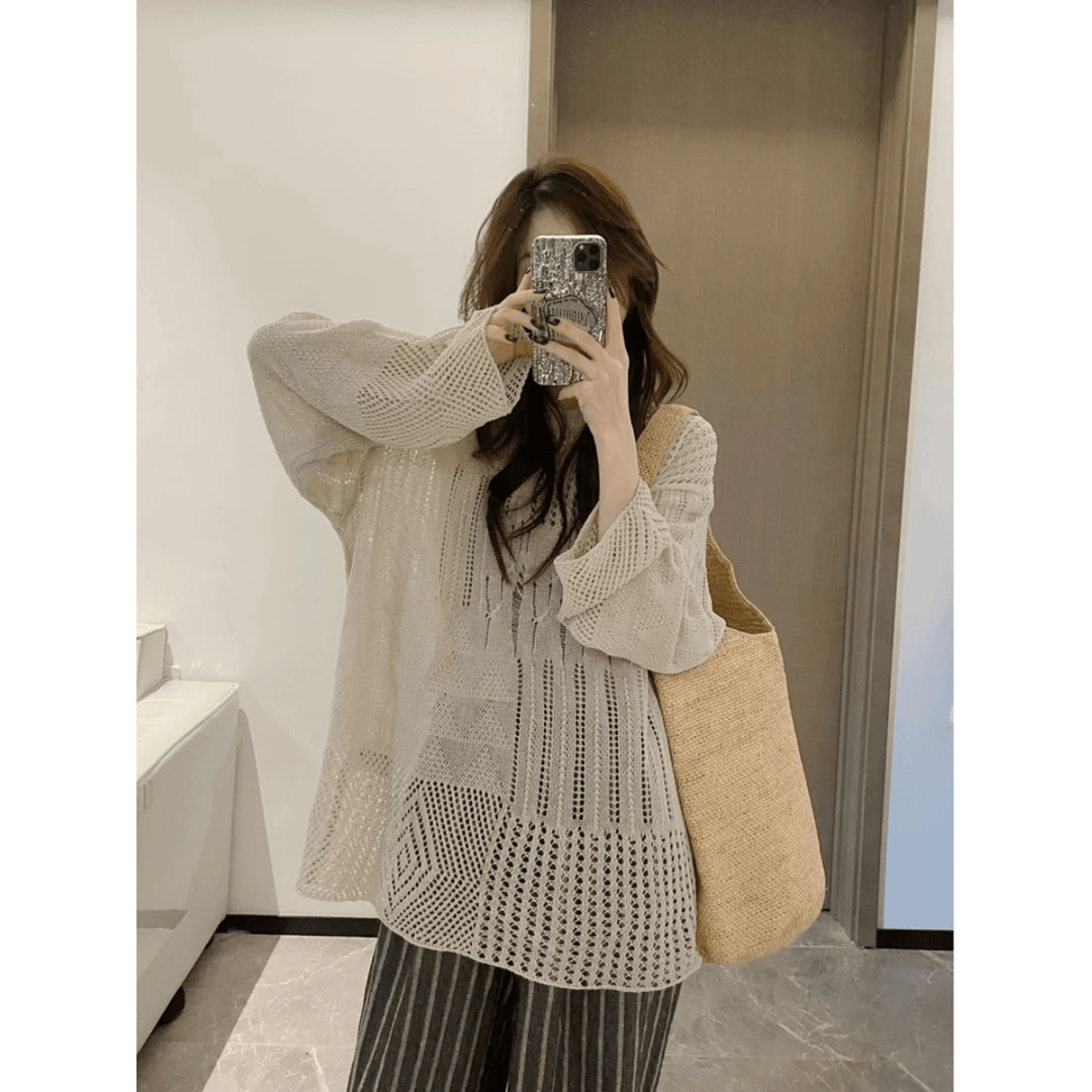 薄款慵懒风勾花针织衫女夏新款宽松休闲显瘦减龄百搭镂空长袖上衣