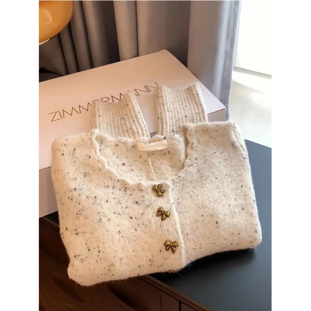 小香风蝴蝶结扣毛衣外套女春秋小个子甜美高级感加厚针织开衫上衣