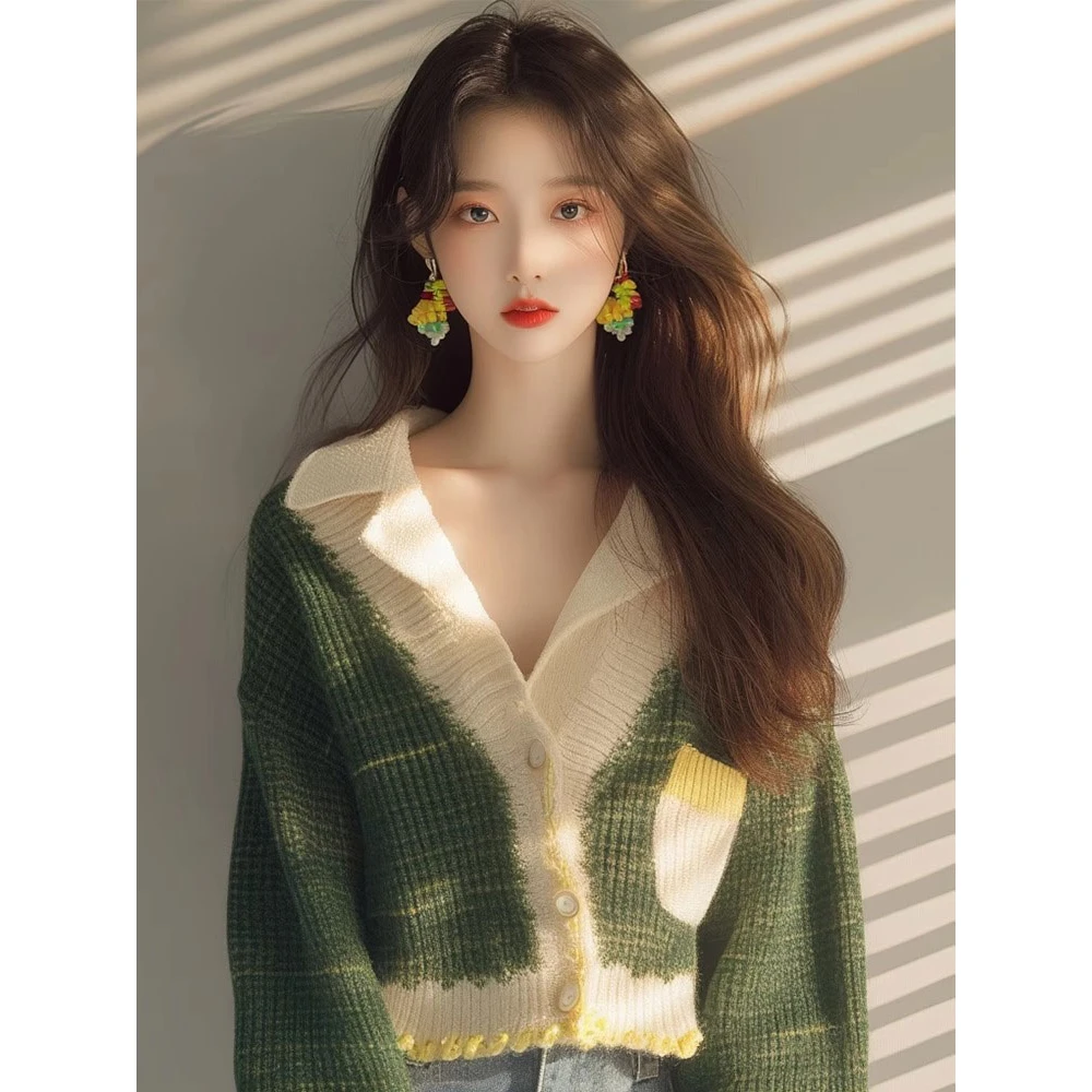 秋季气质小香风撞色翻领毛衣外套女外穿法式宽松短款针织开衫上衣