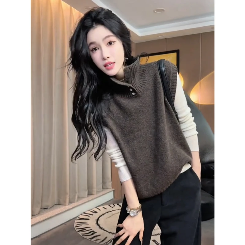 春季法式复古气质外穿半开高领针织衫马甲女叠穿保暖内搭背心上衣
