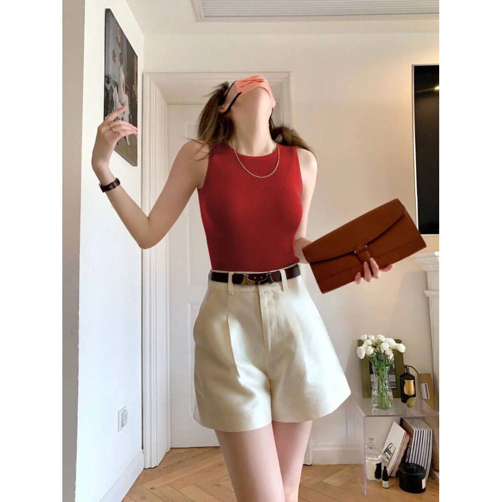 夏季时尚红色针织打底内搭吊带背心女外穿修身高级感无袖T恤上衣