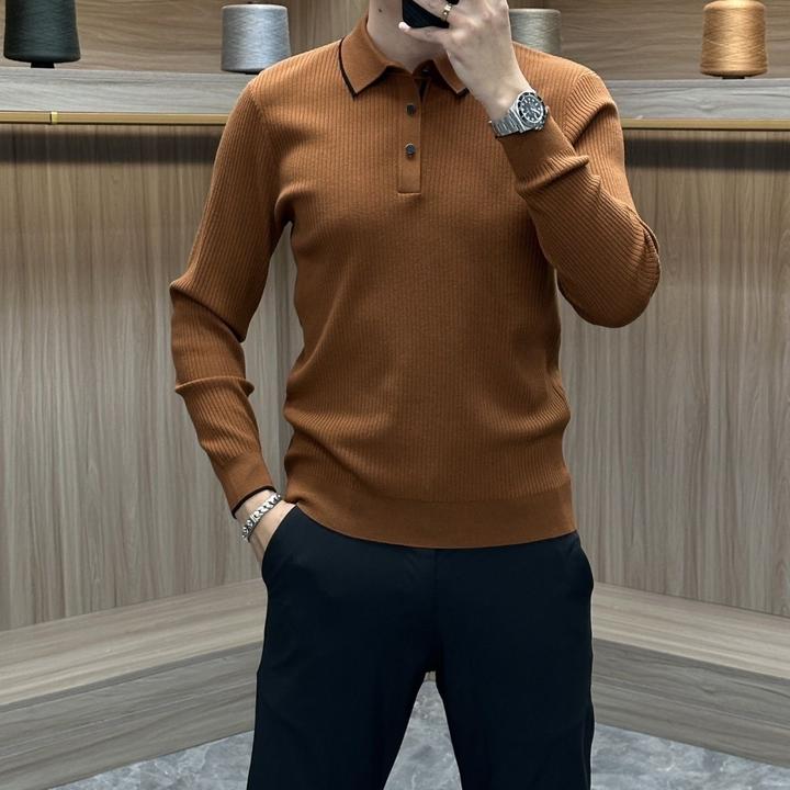 2024春款男士翻领针织衫毛衣时尚轻奢修身长袖商务休闲百搭polo衫