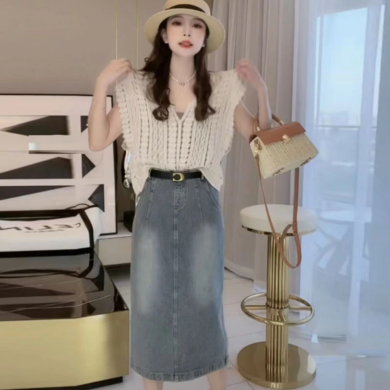 夏季新款遮肉显瘦夏季穿搭百搭休闲风气质时尚镂空上衣牛仔半身裙