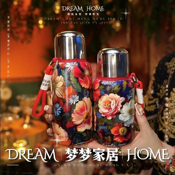 650ML国风彩绘316不锈钢保温杯户外便携小巧复古花卉国风精致女士