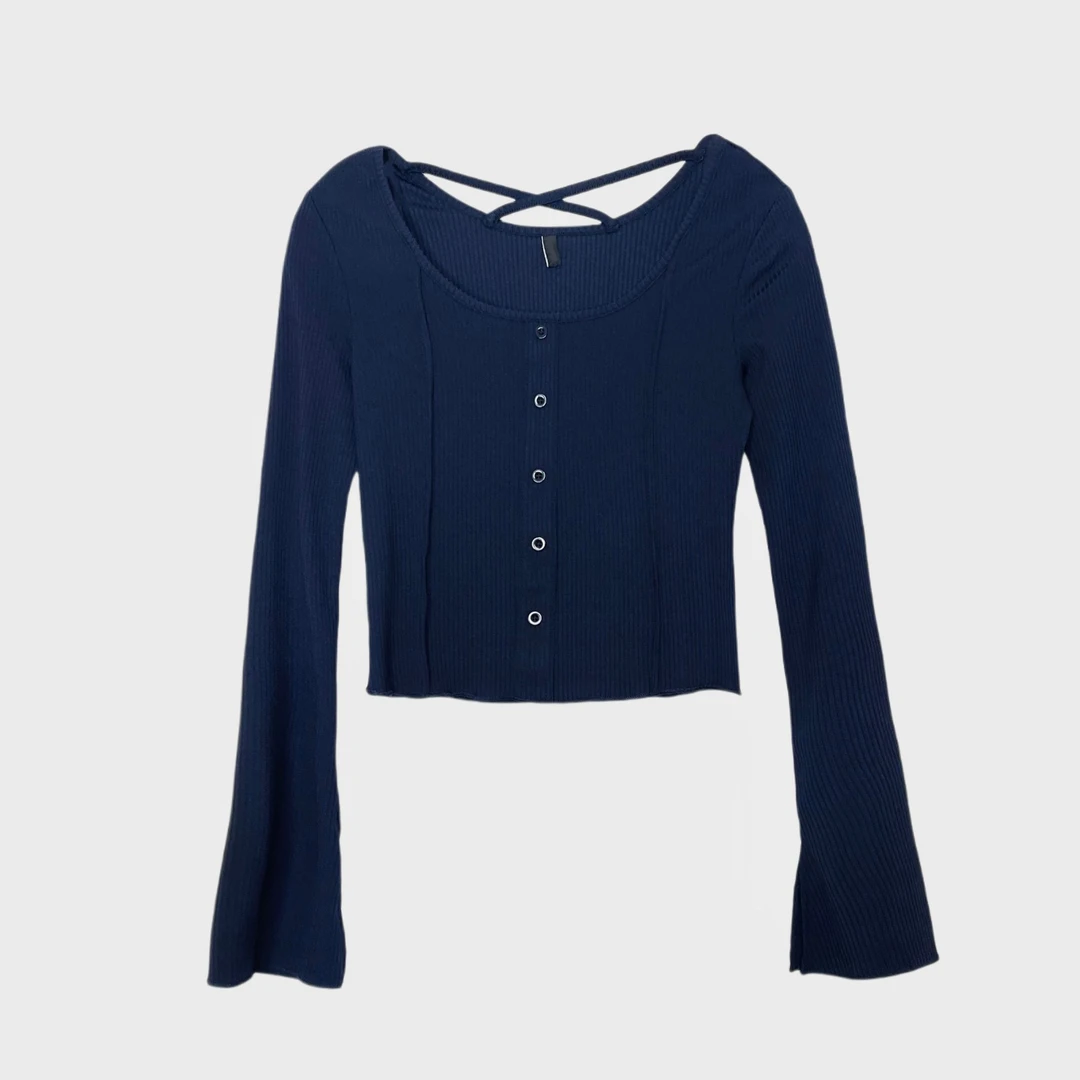 蓝衣少女法式交叉设计修身显瘦弹力坑条长袖t恤