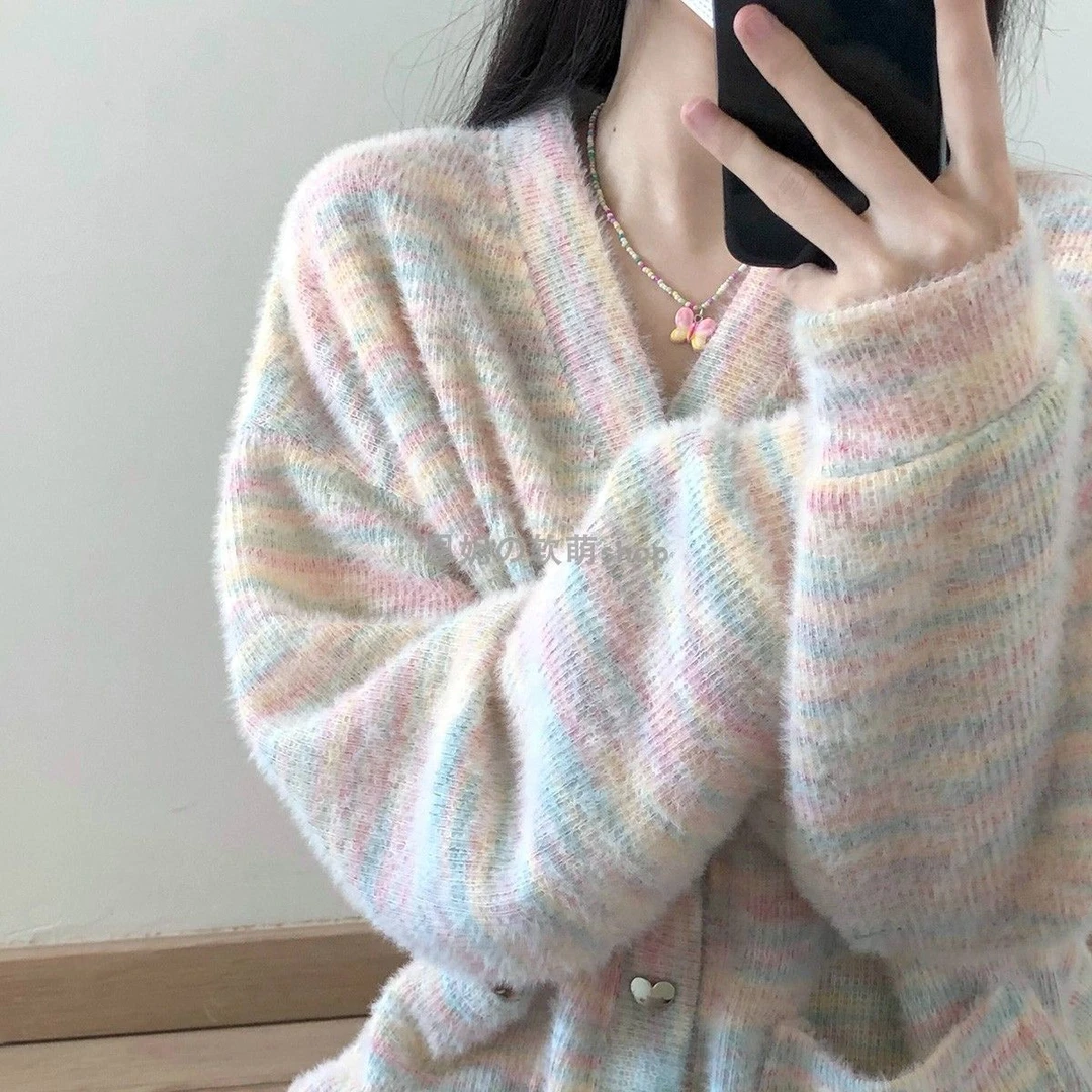 温柔软糯感彩虹毛衣条纹毛衣针织开衫女宽松慵懒卫衣外套上衣秋冬