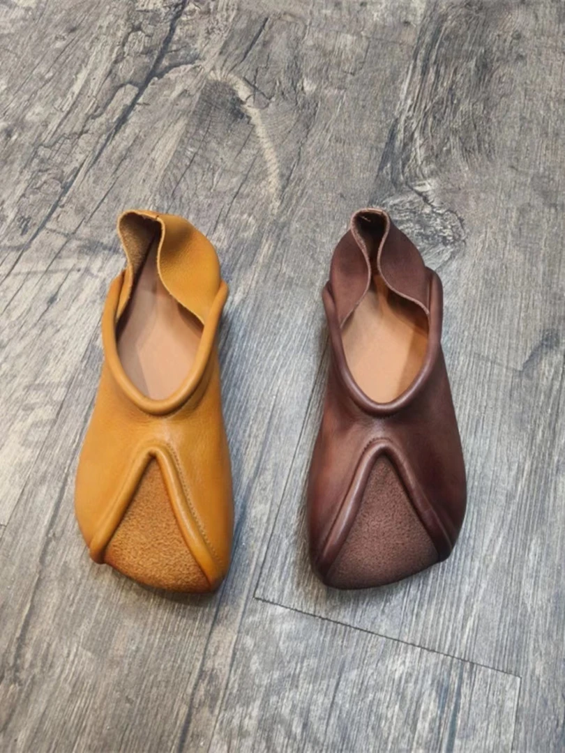 真皮复古女鞋2025春季新款舒适平底圆头单鞋一脚蹬软底两穿豆豆鞋