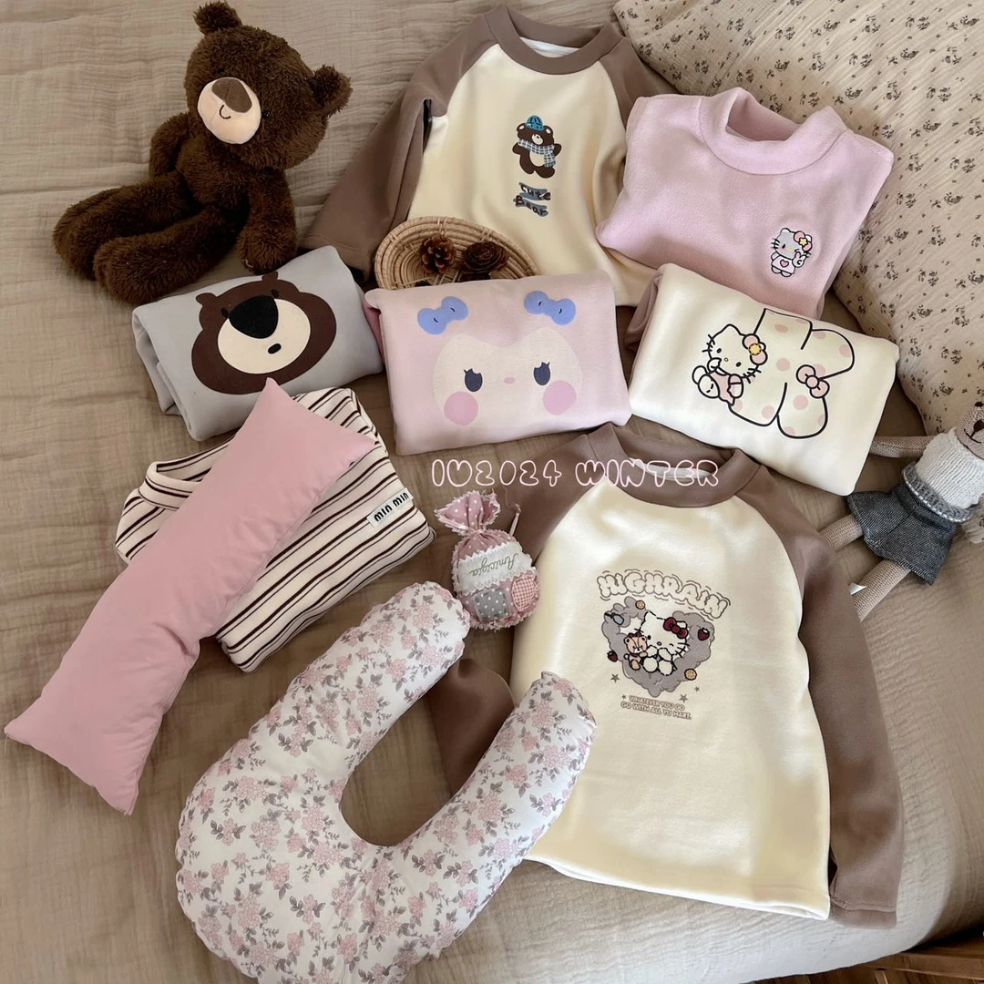 【艾柚】在仓 深秋冬儿童男女宝卡通保暖加绒圆领百搭打底衫IU055