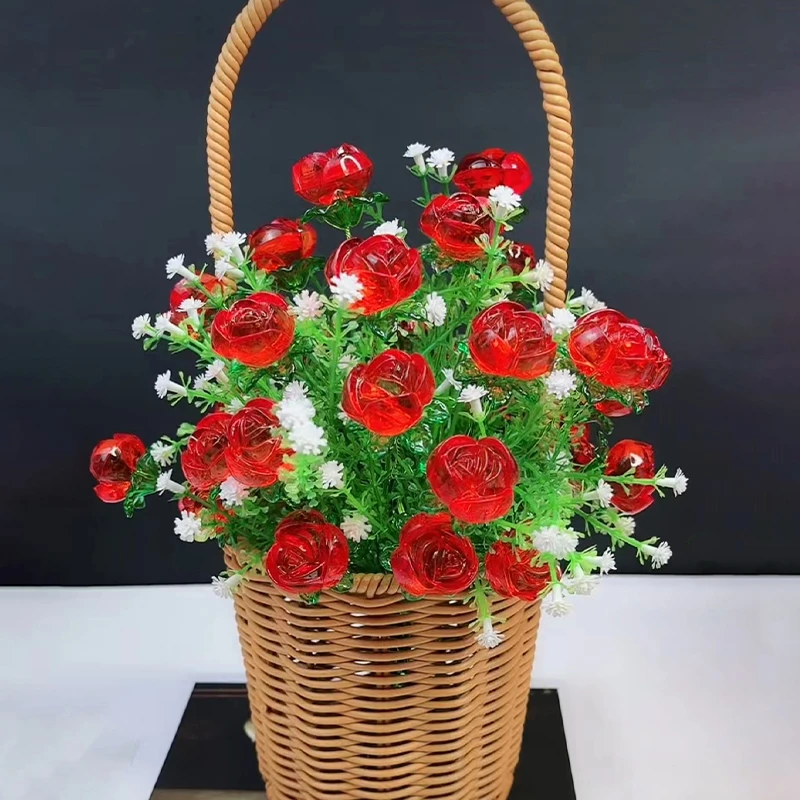 【带花篮】水晶玫瑰花 材料包diy亚克力手工摆件装饰花束