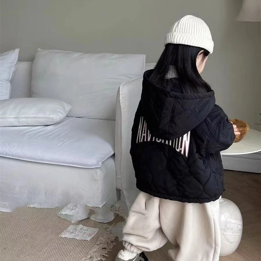 儿童棉服韩版冬季新品女童字母刺绣连帽棉衣宝宝百搭保暖夹克外套