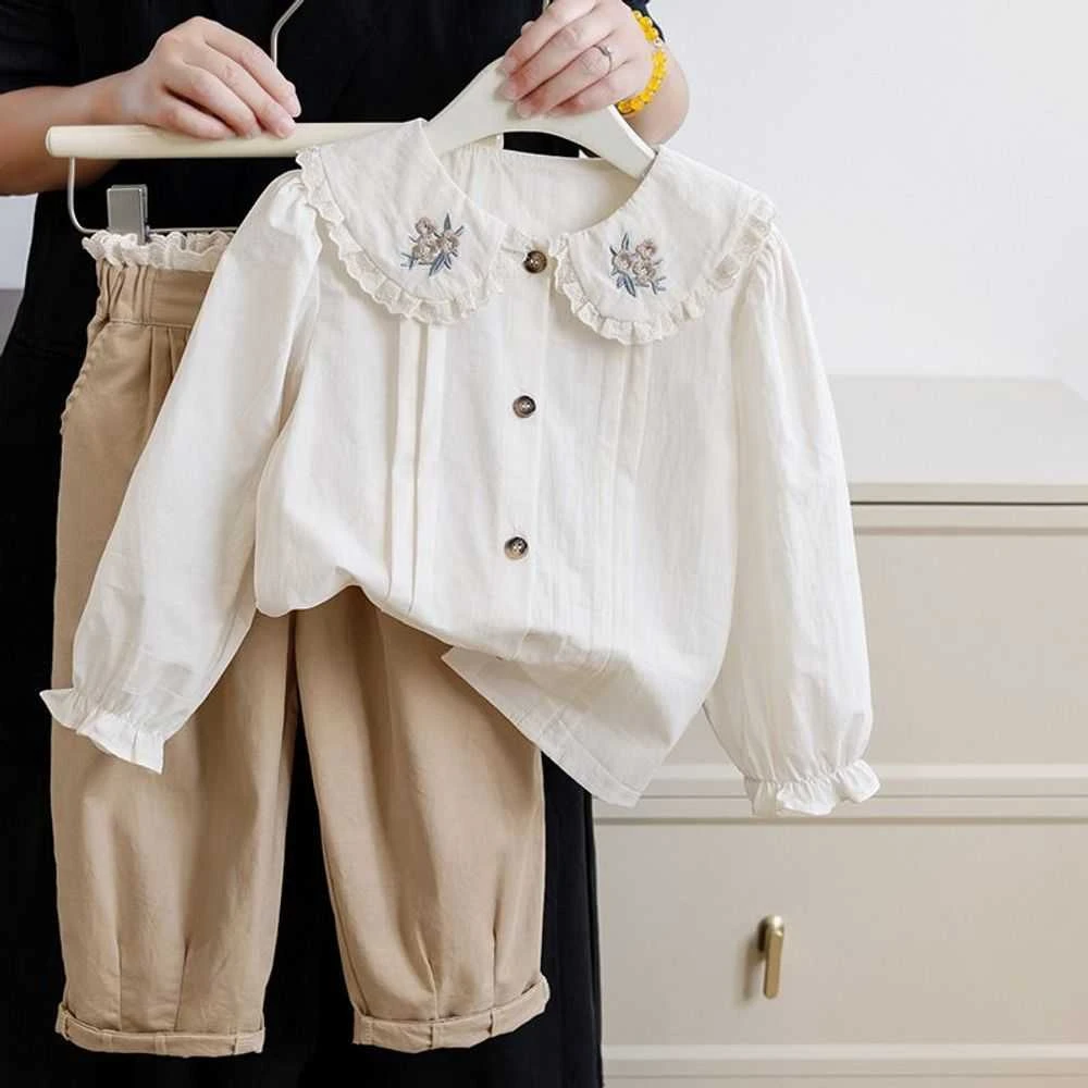 女童衬衫春装2025新款洋气宝宝杏色上衣春秋儿童衬衣娃娃衫小童