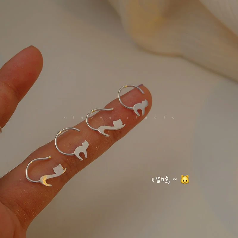 纯银养耳洞小猫咪耳钩不对称耳环高级感气质耳钉耳饰女2022年新款