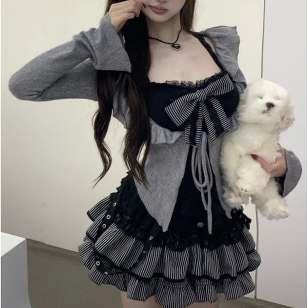 灰色辣妹纯欲风长袖开衫蝴蝶结黑色背心蛋糕半身裙三件套装裙子春