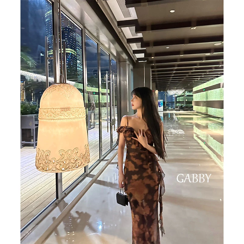 GABBY 初秋小众荷叶边不规则银杏叶吊带连衣裙显瘦朦胧感A2438
