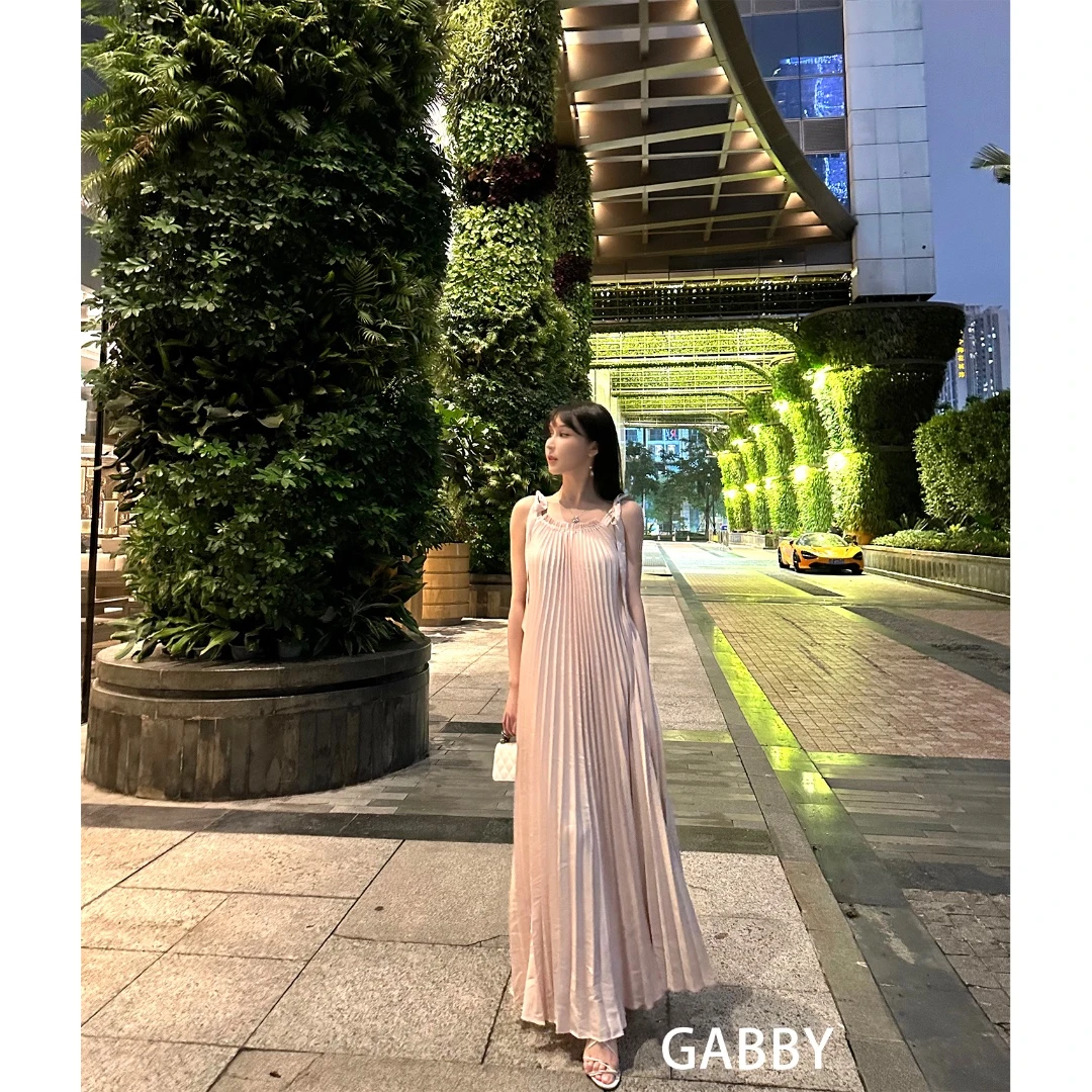Gabby  春天仙女裙立体褶皱一字领宽松中长款气质吊带连衣裙A2393
