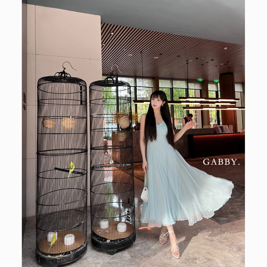 GABBY 【莫奈花园】蓝色桑蚕丝连衣裙+吊带+开衫A2200A2201A2202