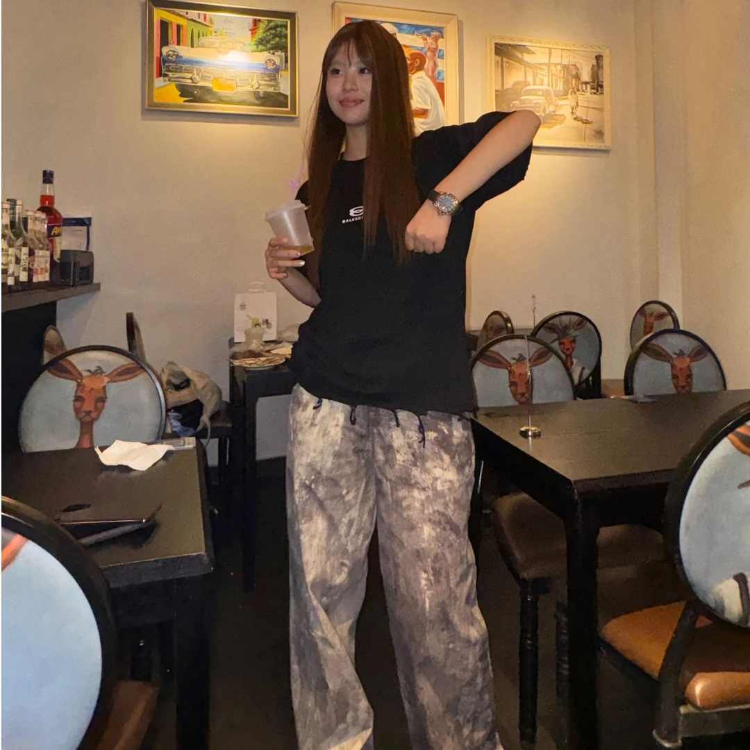 宽松直筒嘻哈高街夏季3D印花泼墨宽松牛仔裤