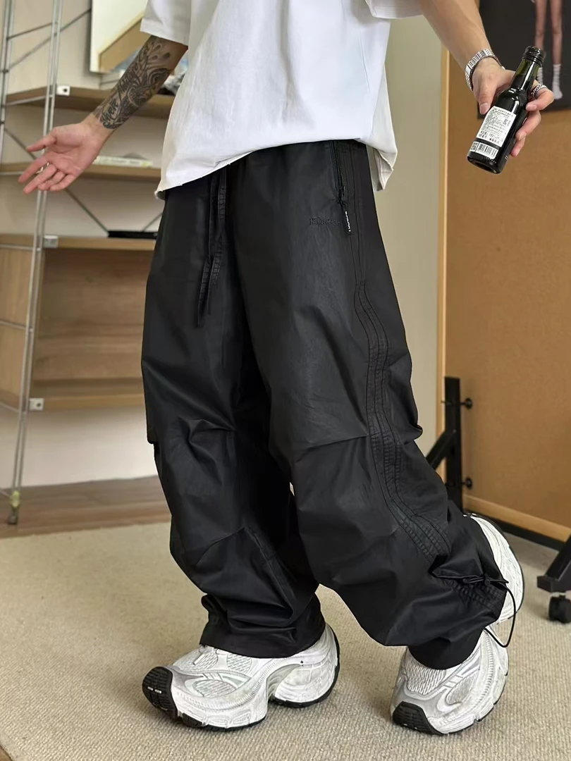 蜡染涂层三杠运动裤时尚百搭宽松直筒户外透气潮流休闲裤