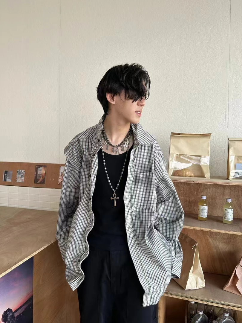 重工造旧格子衬衫外套时尚休闲百搭宽松潮流春秋长袖格纹